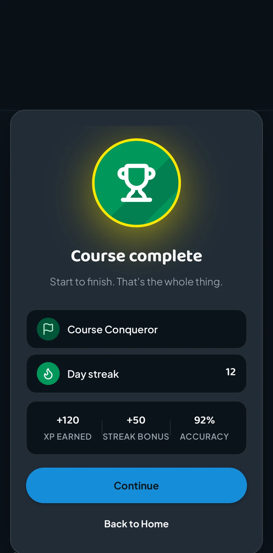 The course-completion screen, showing the badge earned, day streak and accuracy