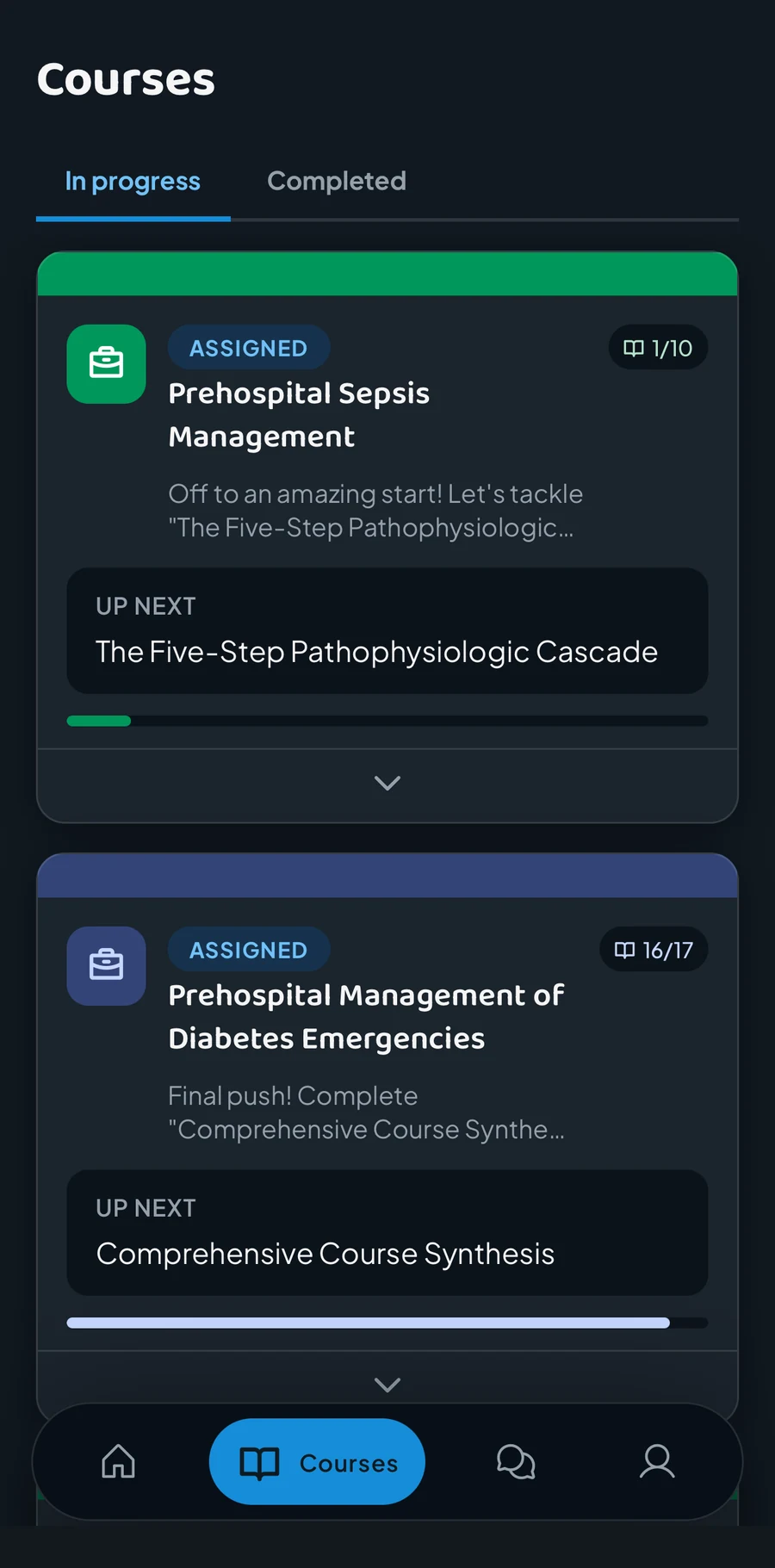 The Courses tab, listing the courses a student’s program has assigned them