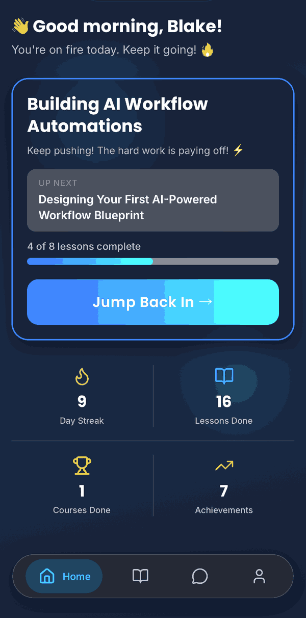 The Adapt app home screen, showing a course in progress and daily stats