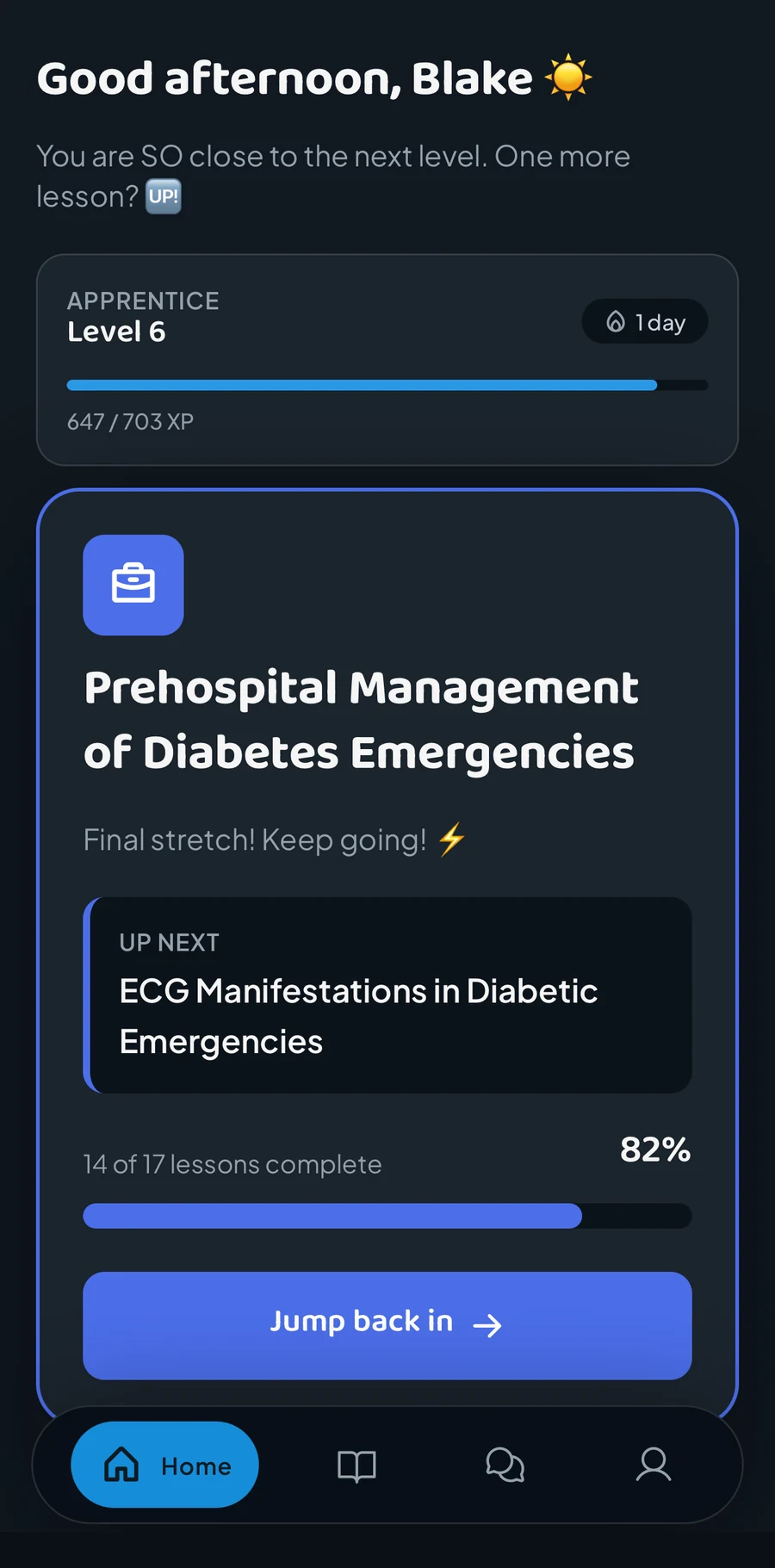 The Adapt app home screen, showing an EMS course in progress and daily stats
