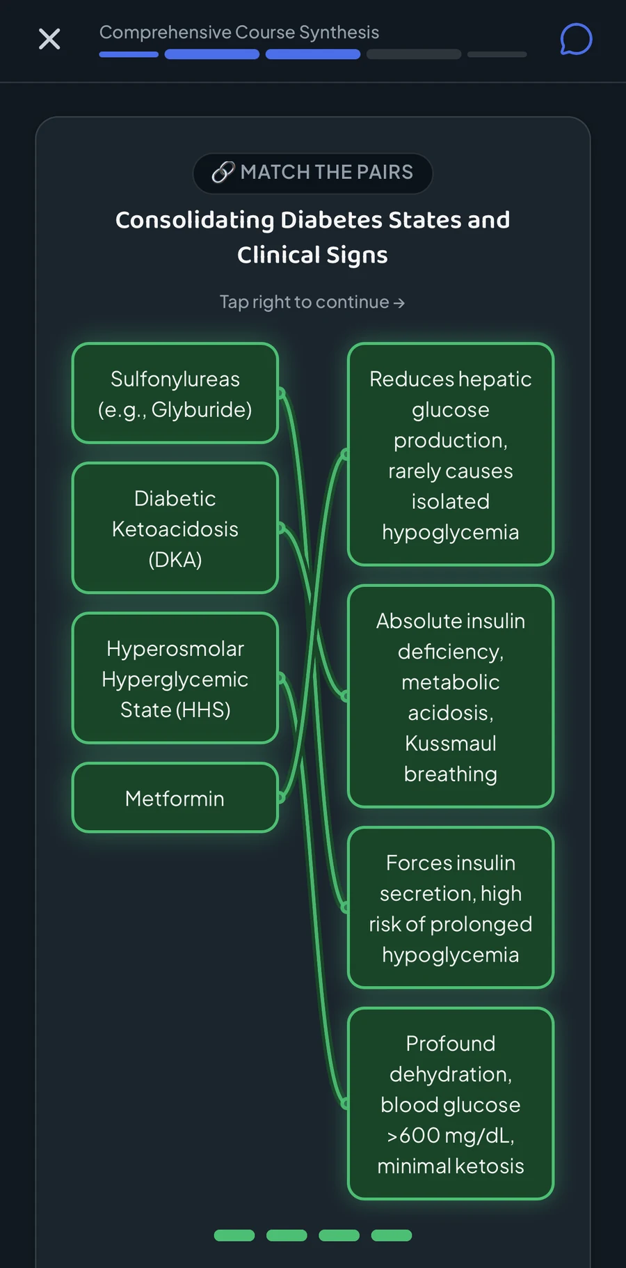 A match-the-pairs card in the Adapt mobile app, pairing diabetic emergency states with their clinical signs