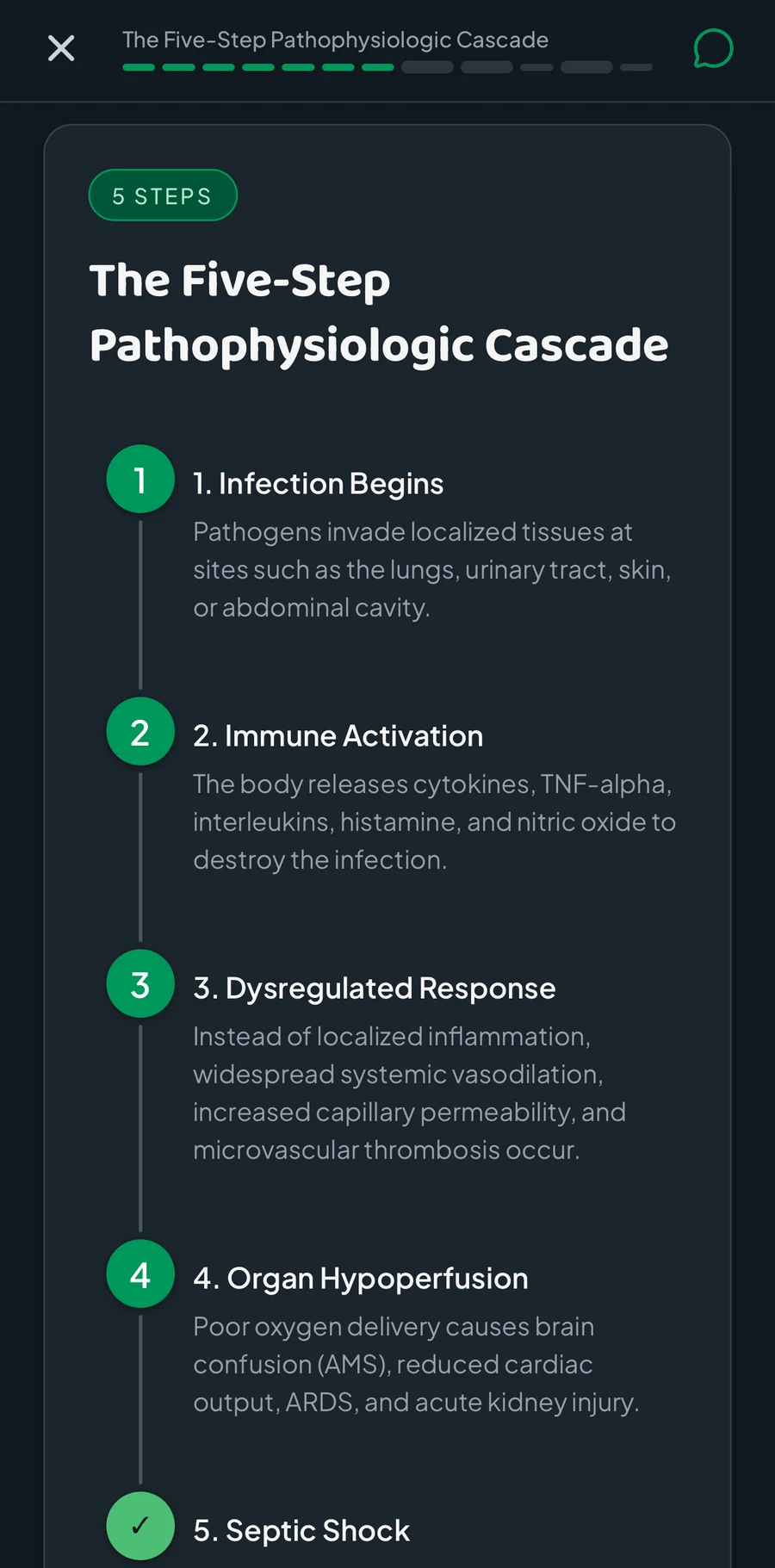 A lesson in progress in the Adapt mobile app, stepping through the pathophysiologic cascade of sepsis