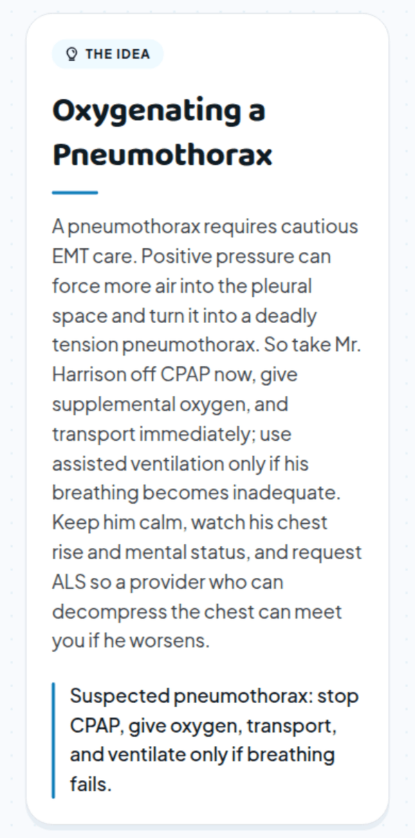 A prep card in the Adapt app explaining how to oxygenate a patient with a pneumothorax