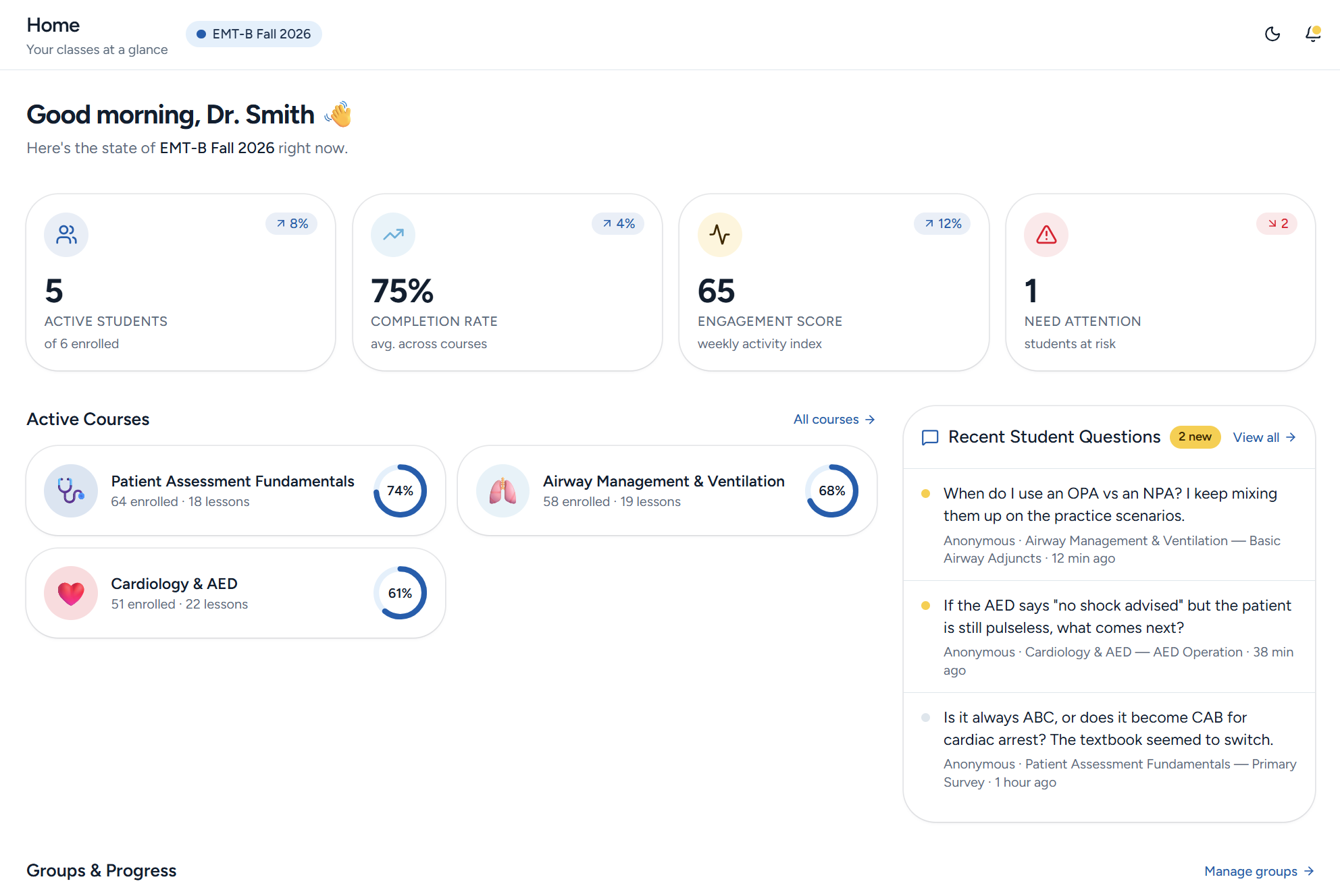 Adapt Learning instructor dashboard